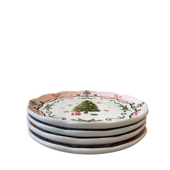 4 Potter's Studio CHRISTMAS TREE PINK Salad Plates 9in Ceramic Bows Holiday New - Picture 4 of 16